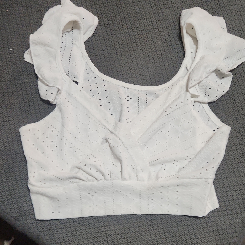 Elegant White Eyelet Ruffle Crop Top